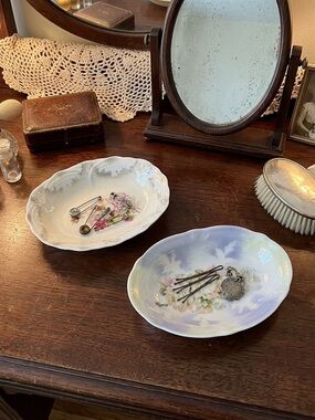 Vintage Germany 3 Crown China Set of Two Oval Hand Painted Dishes Floral Pair